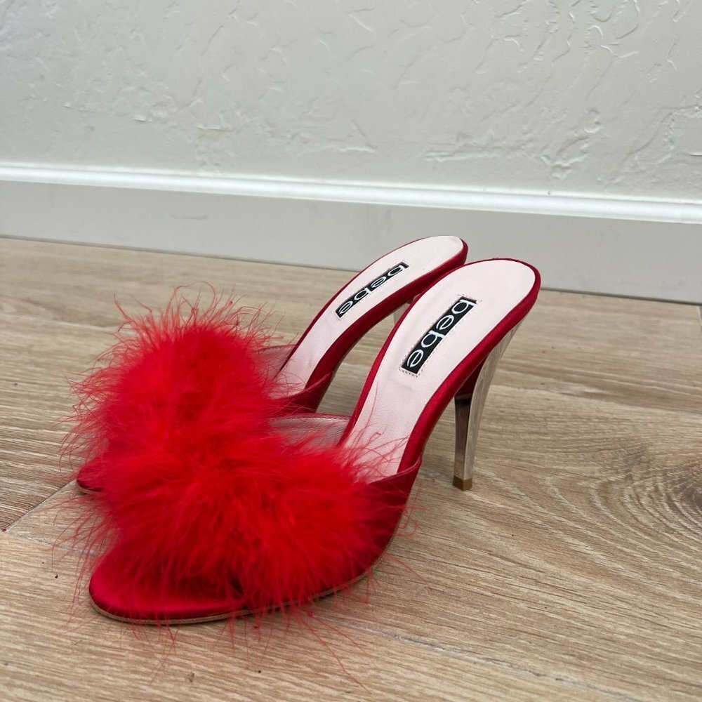 Vintage 1990's/Y2K Bebe Red Feather Heeled Mules - Picture 6 of 8